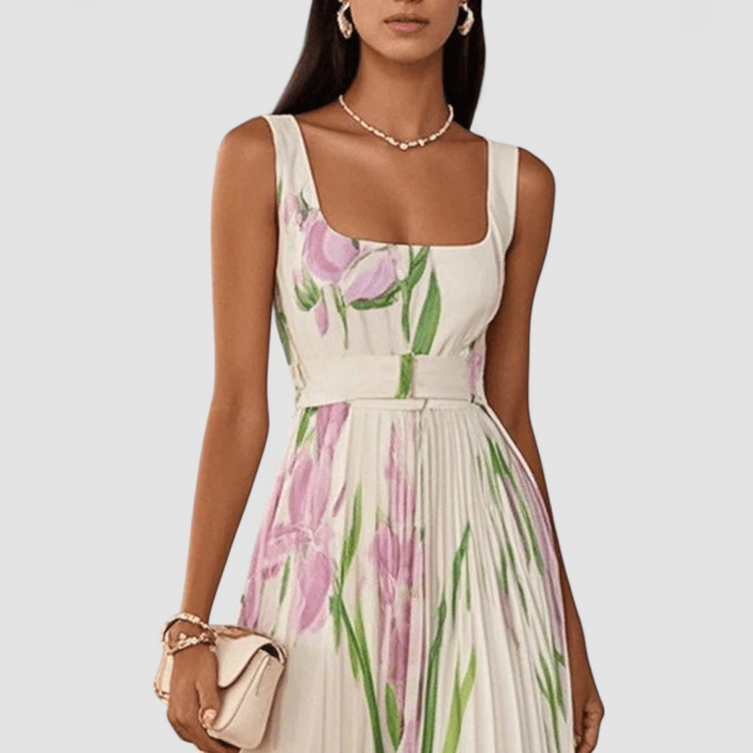 JULIA™ | Elegant lång plisserad blommig klänning för kvinnor
