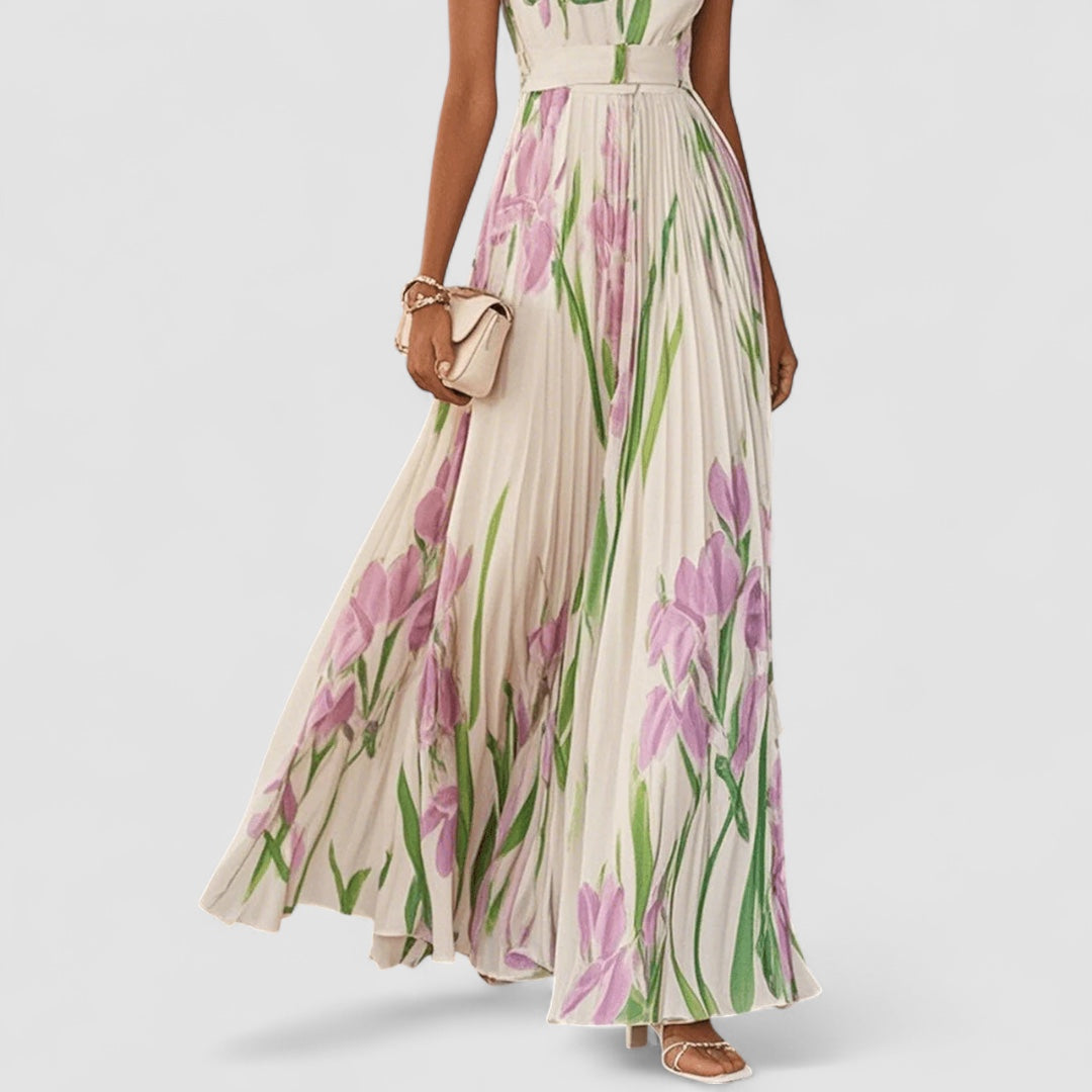 JULIA™ | Elegant lång plisserad blommig klänning för kvinnor